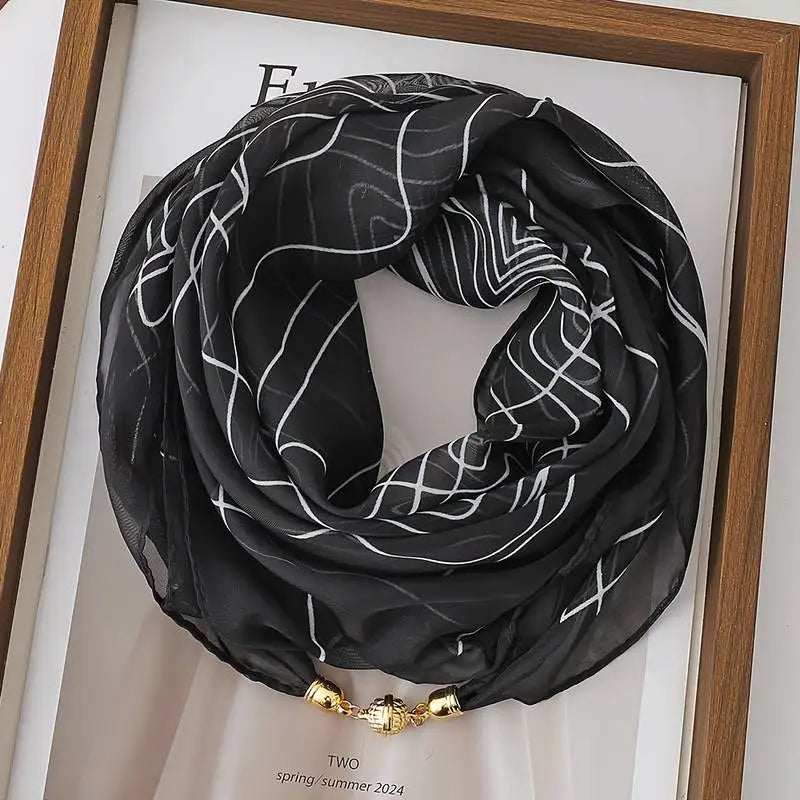 Women's Lightweight Printed Magnetic Clasp Scarf | All-Season Women's Fashion Scarf Babs Black