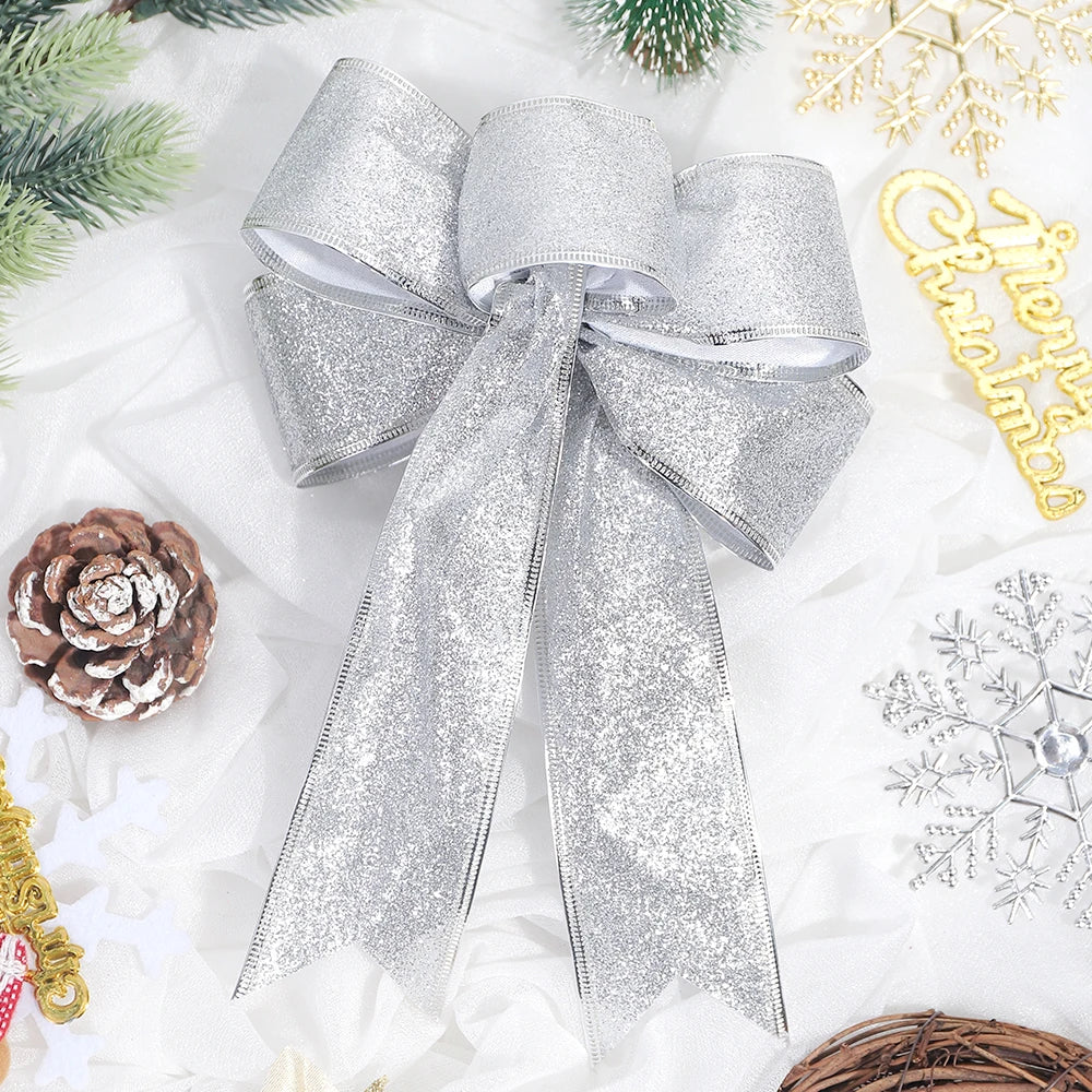 2Pcs 22cm Sparkling Christmas Bow Tree Hanging Ornaments Christmas Bow Ornaments Babs Silver 2Pcs