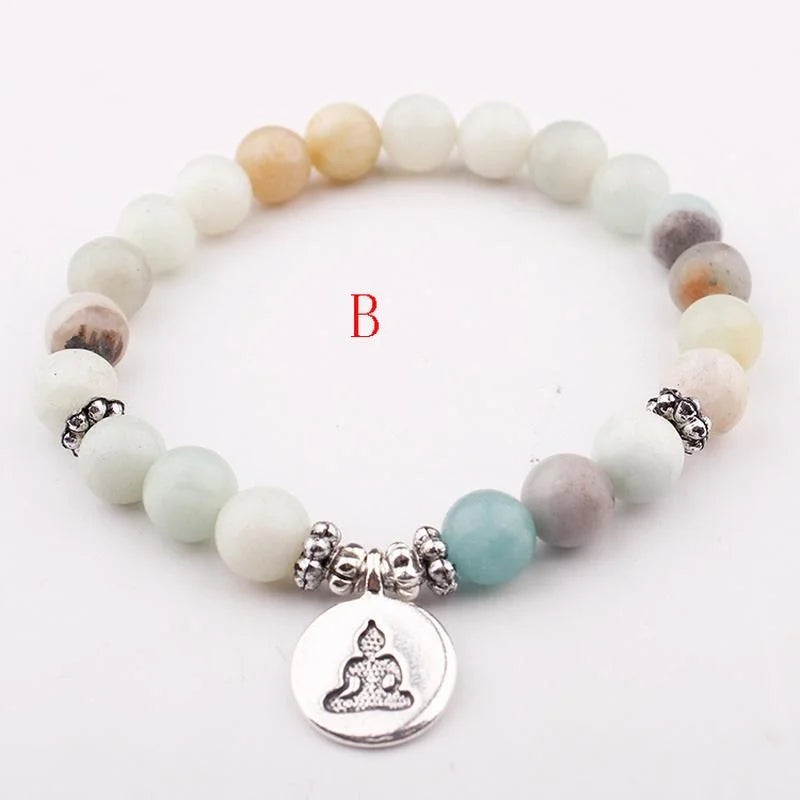 Matte Amazonite Lotus OM Charm Yoga Bracelet | Stone Beads Beaded Yoga Bracelet Babs B