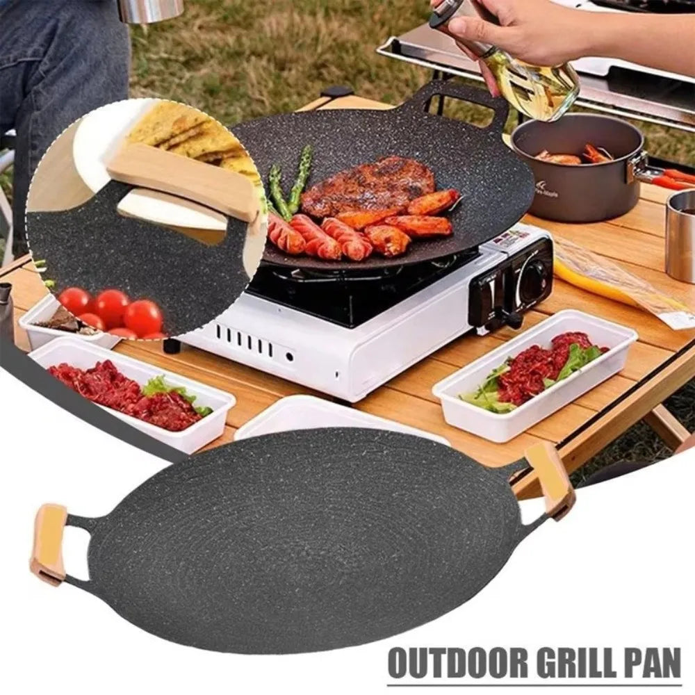 Korean BBQ Grill Pan 30–38cm | Smokeless Wooden Handle Griddle BBQ Grill Pan Babs