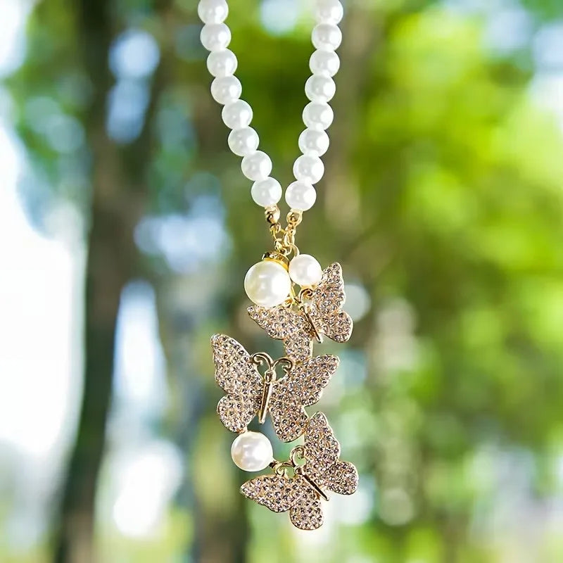 Pearl Butterfly Car Pendant – Rhinestone Alloy Rearview Charm Car Interior Pendant Babs golden