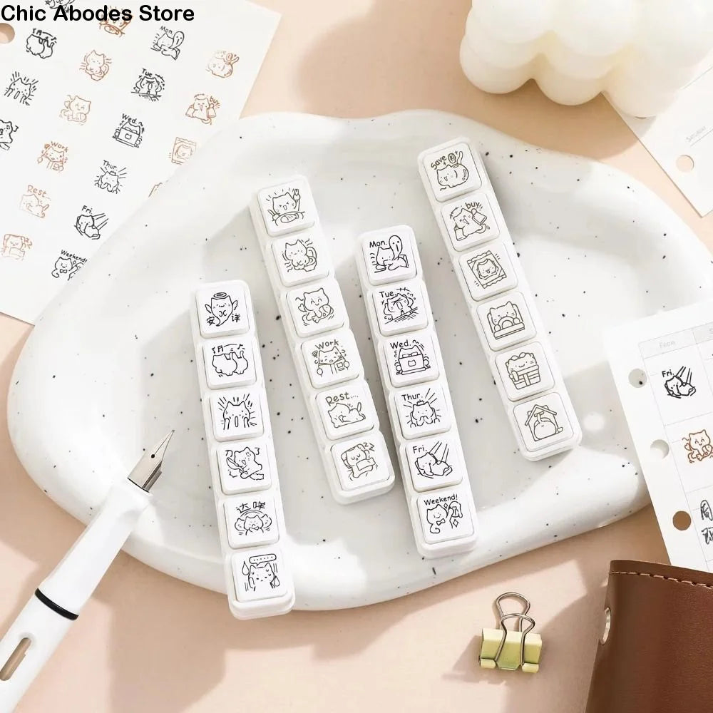 6-Piece Kawaii Cat Stamp Set – Mini Cartoon Kitten Diary Stamps Craft Stamp Set Babs
