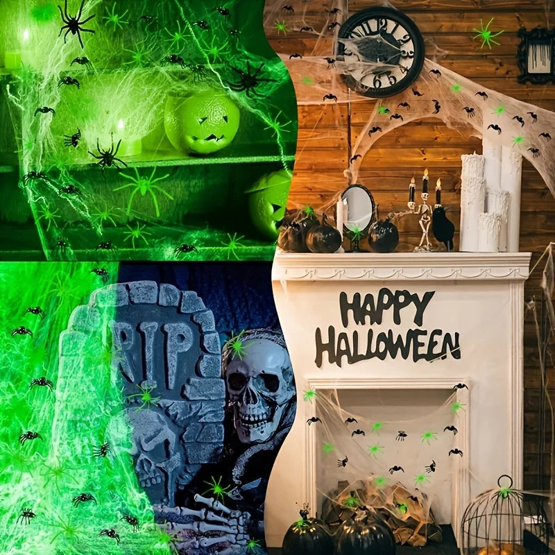 Glow-in-the-Dark Spider Web & 20 Black Spiders Halloween Decor Halloween Decoration Babs