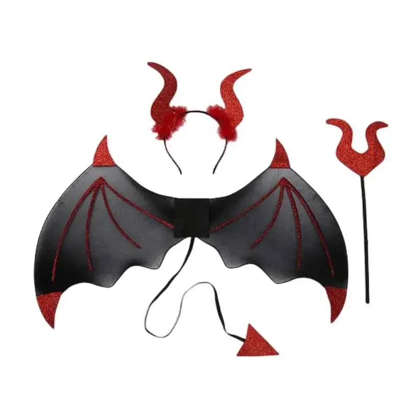 Devil Costume Set – Wings, Tail, Horn Headband & Fork Costume Accessory Set Babs red