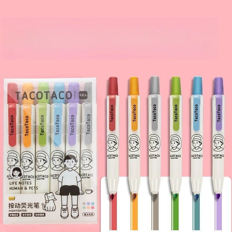 Retractable Highlighter Pens 6-Pack | Pastel Cartoon Colors Highlighter Pen Set Babs B