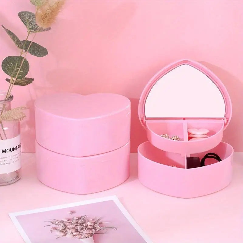 Pink Heart Jewelry & Makeup Storage Box – Double-Layer Mirror Jewelry Storage Box Babs