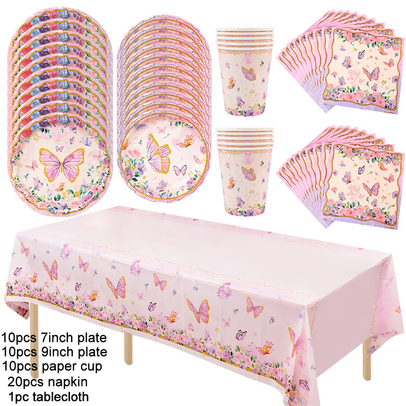 Pink Butterfly Party Tableware Set – Plates, Cups & Tablecloth Disposable Party Tableware Babs 51pcs set