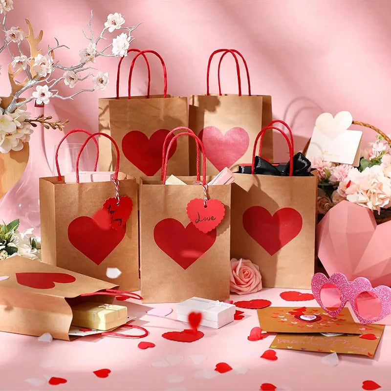 10Pcs Red Heart Kraft Paper Gift Bags with Tags | Party & Wedding Kraft Paper Gift Bags Babs