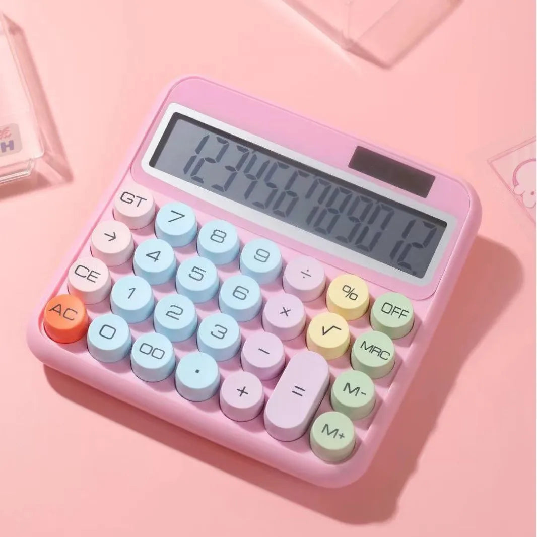 12-Digit LCD Calculator – Large Keys, Dual Power, Candy Colors Desktop Calculator Babs Pink