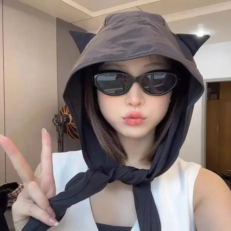 Cute Cat Ears UV Sun Hat – Quick Dry Ear Flap Beach Cap UV Bucket Hat Babs Black 1PC