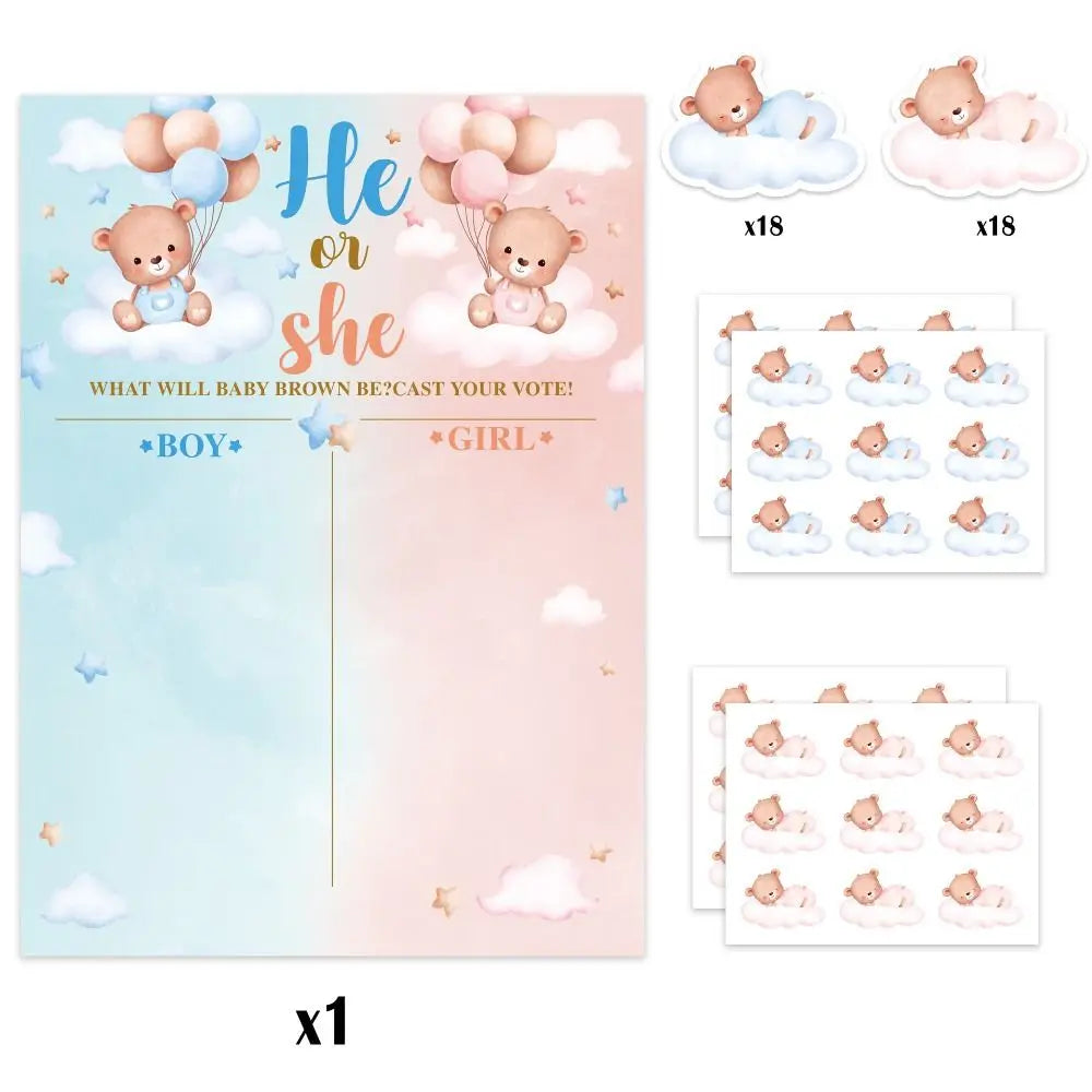 Gender Reveal Voting Game Poster Board with Stickers – He or She Party Game Poster Babs White-D