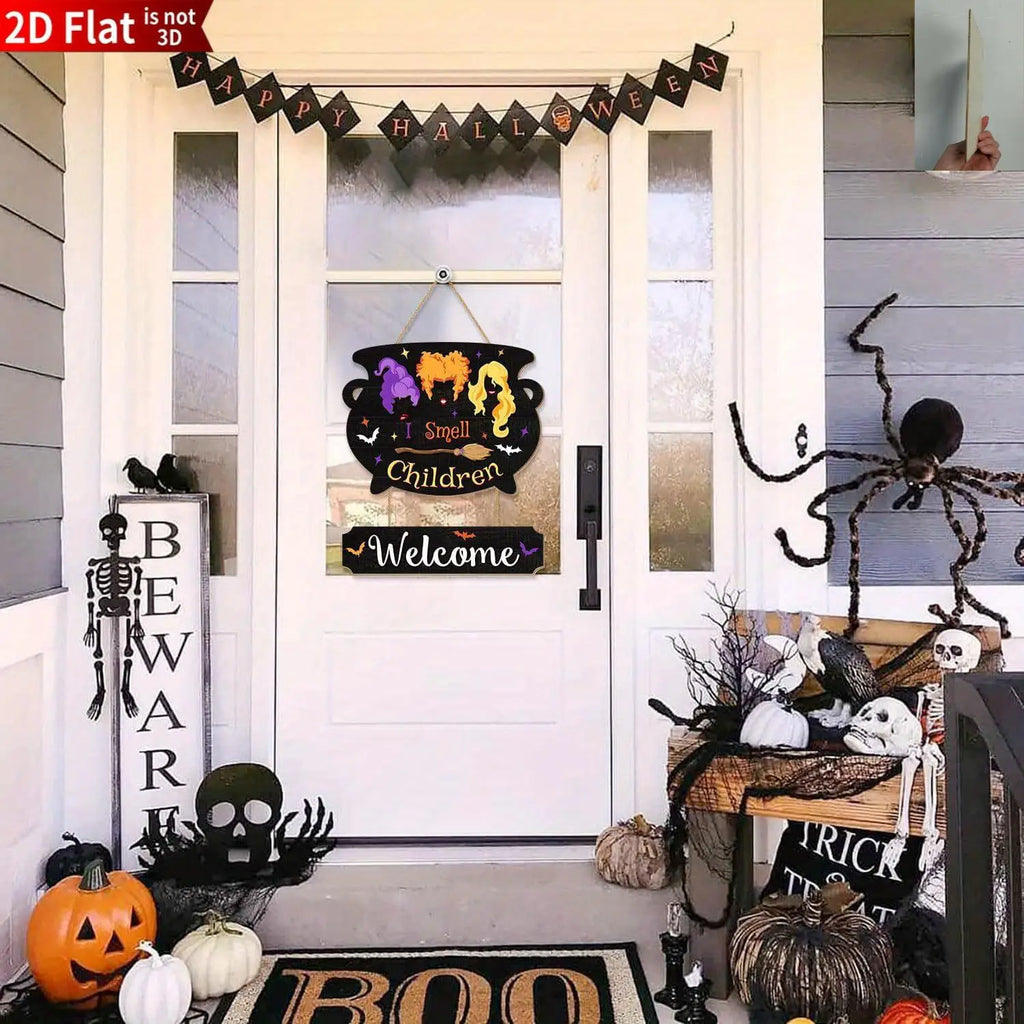 Wooden Halloween Witch Cauldron Welcome Sign – Porch Decor Holiday Door Sign Babs