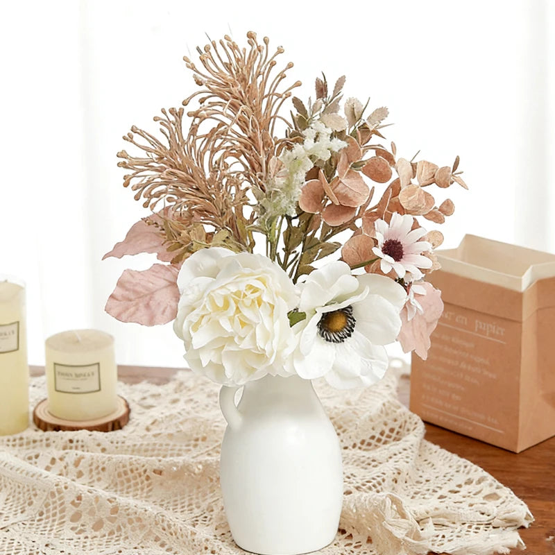Silk Artificial Peony Daisy & Eucalyptus Stems | Home & Wedding Decor Artificial Flower Stems Babs