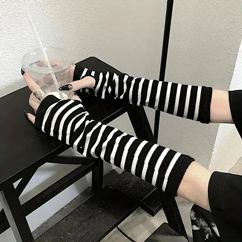 Y2K Gothic Fingerless Arm Warmers – Striped Punk Elbow Gloves Fingerless Arm Warmers Babs