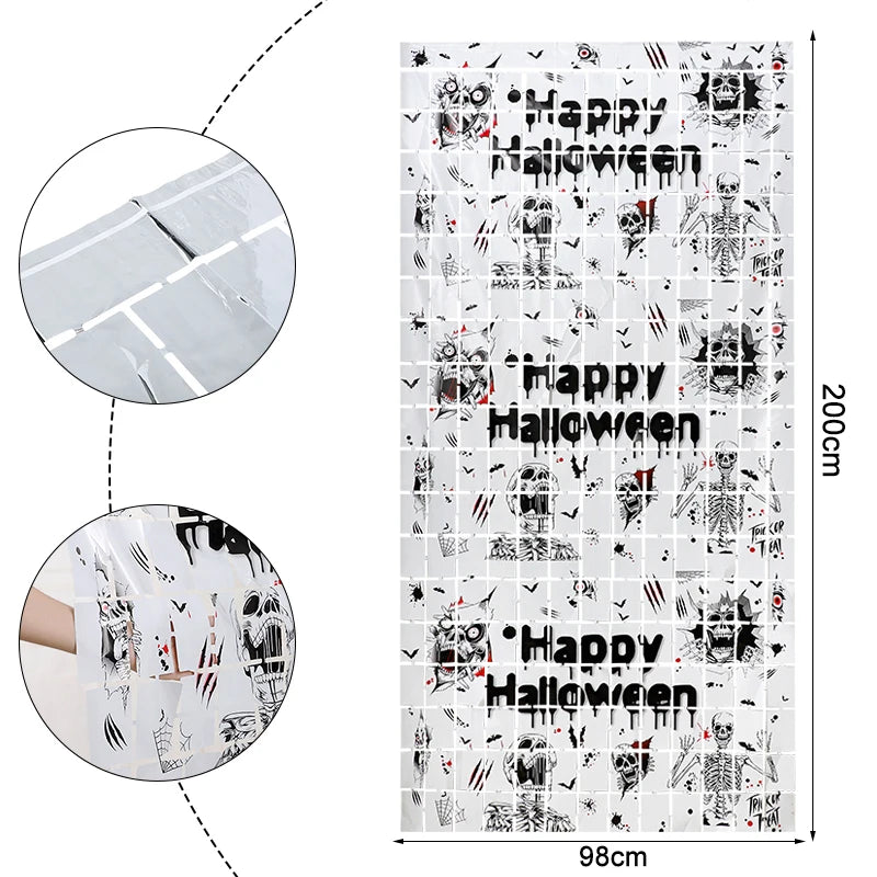 2M Halloween Skull Skeleton Foil Curtain Backdrop & Photo Prop Halloween Party Backdrop Babs