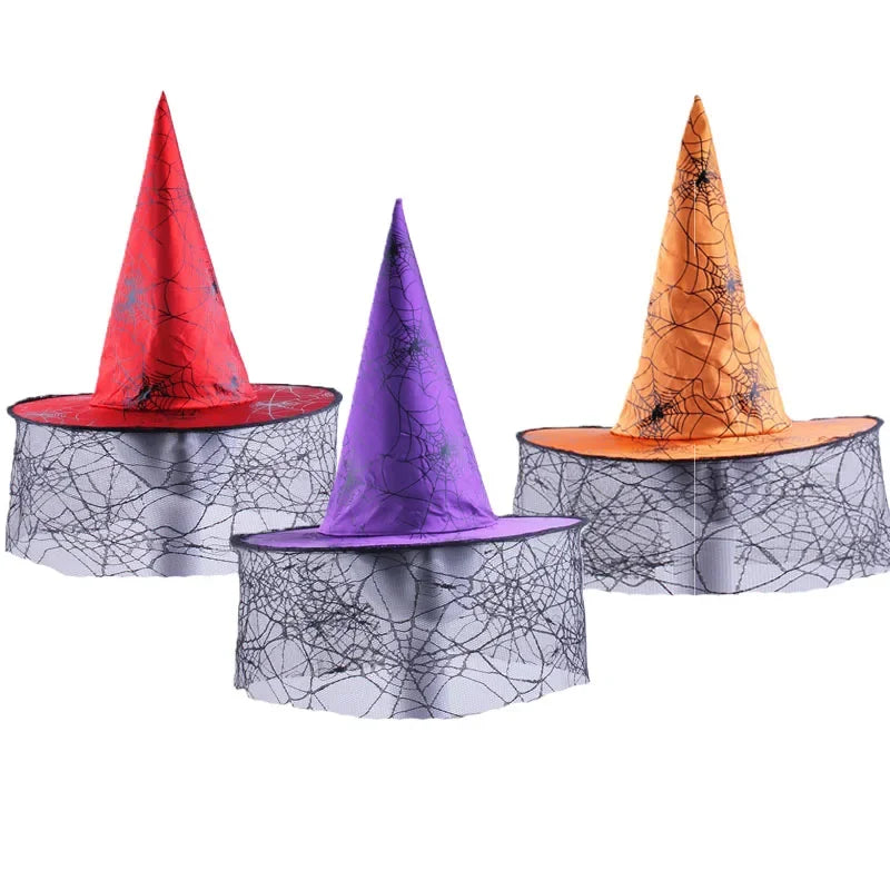 10pcs Spider Web Witch Hats with Lace Fringe – Halloween Party Halloween Costume Hat Babs
