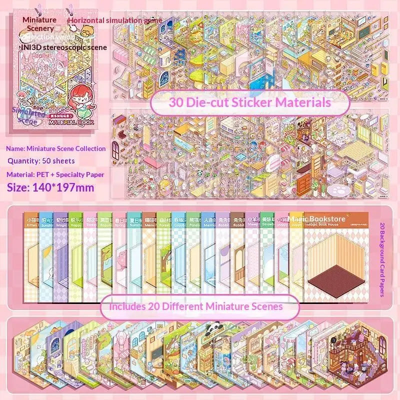 Kawaii 3D Scene Sticker Book – 20 DIY Themes, 50 Pages DIY Sticker Craft Book Babs A
