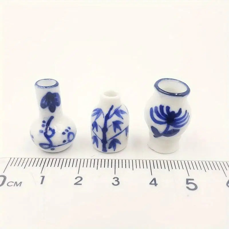 Mini Blue & White Porcelain Vase Set – Dollhouse Décor 3pc Dollhouse Ceramic Ornament Babs