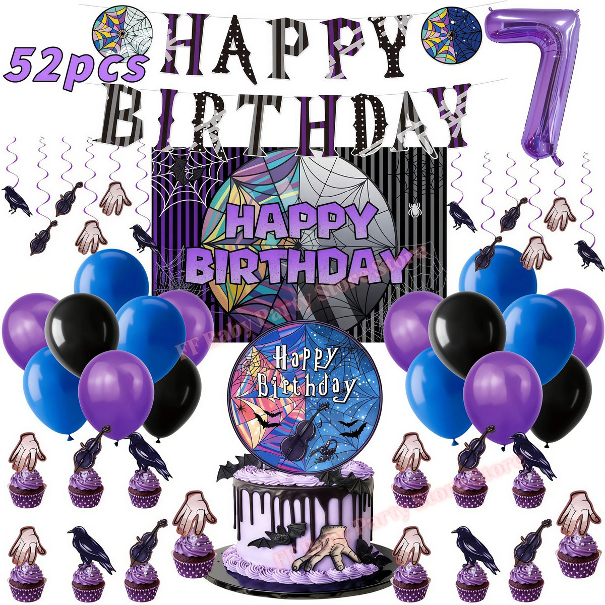 Addams Dark Academia Birthday Party Kit – Balloons, Plates & Backdrop Party Decoration Kit Babs 52pcs Numer7 others