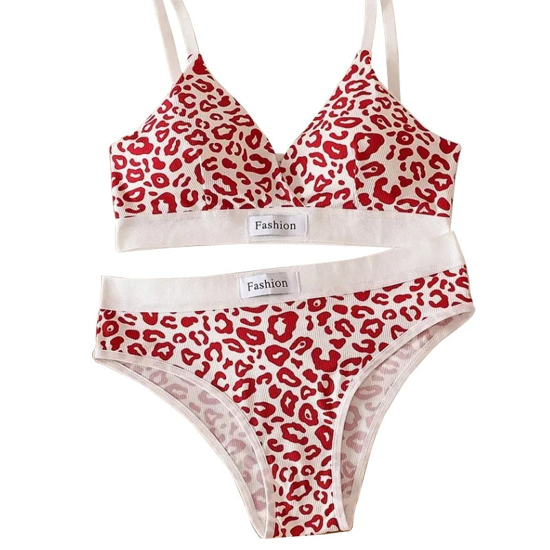 Women's Leopard Print Wire-Free Seamless Bra & Brief Set Bra & Brief Set Babs Wine red One Size