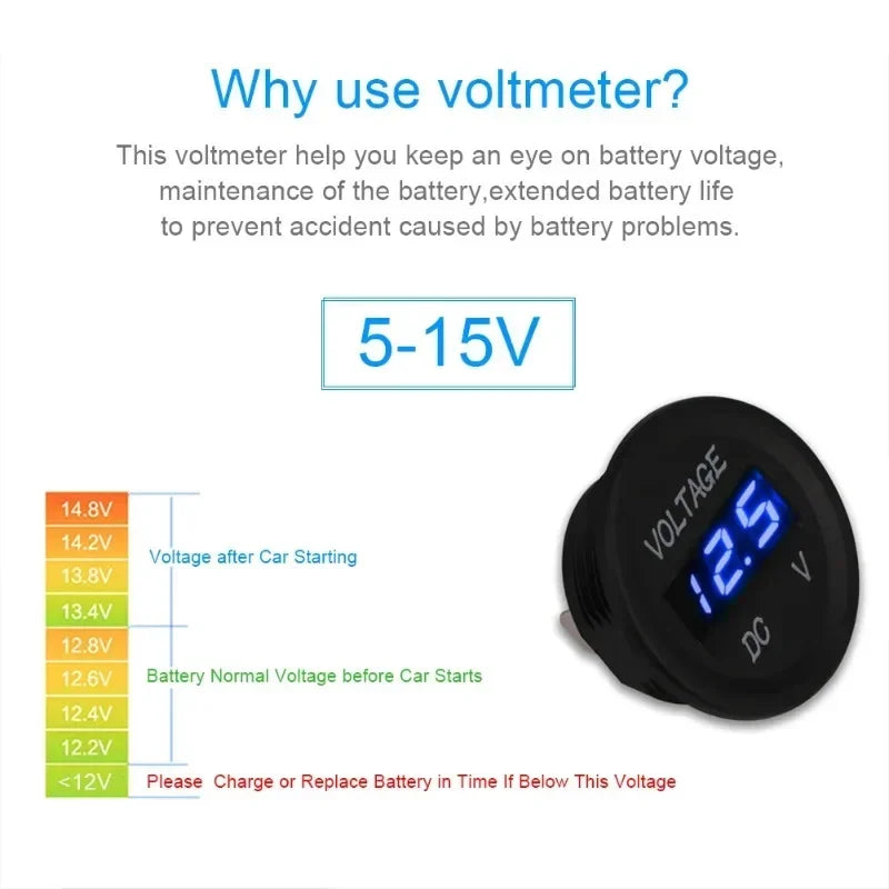 DC 12V-24V Digital Voltmeter Gauge – Waterproof, LED Display Digital Voltmeter Gauge Babs