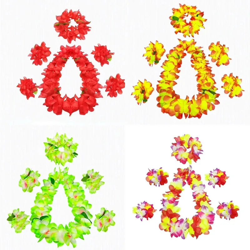 6pc Hawaiian Lei Luau Set – Necklace, Headband & Bracelets Party Lei Set Babs