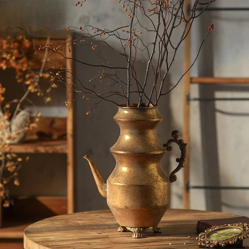 Retro Iron Kettle Vase – Tabletop Flower Vessel Home Décor Decorative Tabletop Vase Babs
