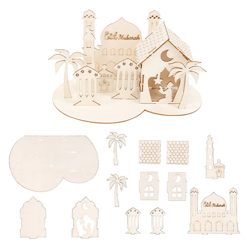 Wooden Ramadan Castle DIY Puzzle – Eid Mubarak Table Decor Holiday Wood Puzzle Babs D