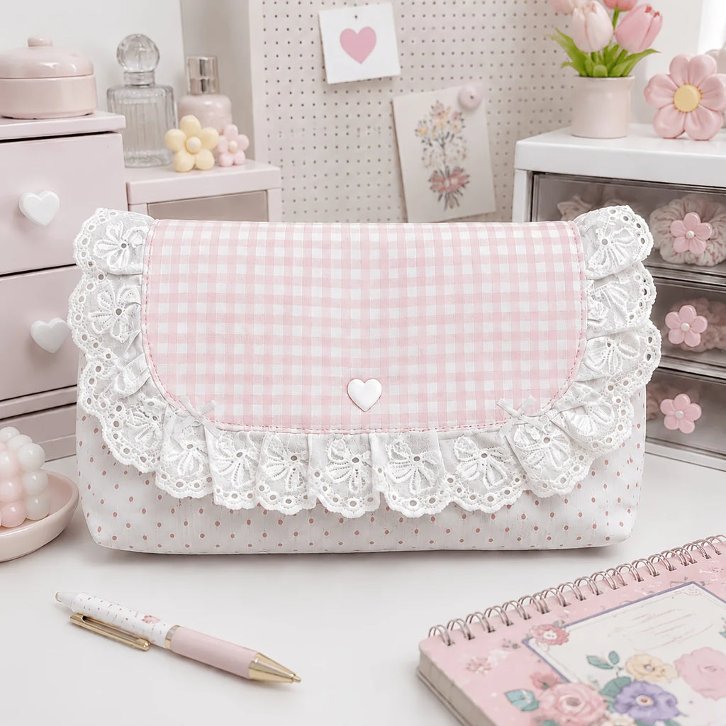 Pink Checkered Lace Pencil Case | Multifunctional Organizer Bag Pencil Case Organizer Babs