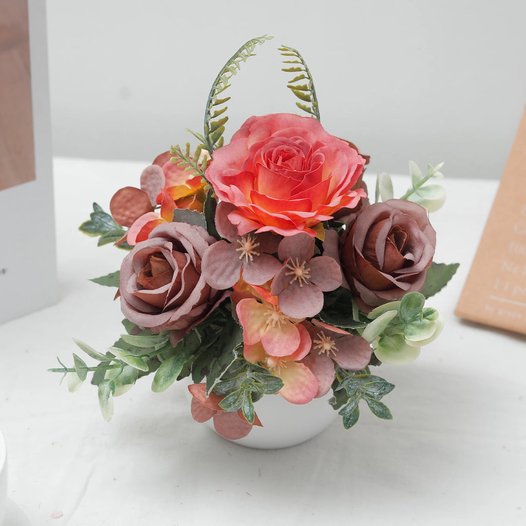 Silk Rose Hydrangea Bonsai – 6-Head Artificial Flower Décor Artificial Flower Bonsai Babs Orange