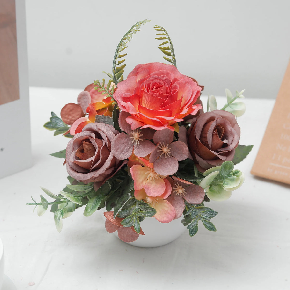Silk Rose Hydrangea Bonsai – 6-Head Artificial Flower Décor Artificial Flower Bonsai Babs Orange