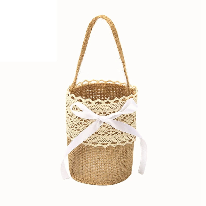 Rustic Lace Linen Flower Basket – Wedding & Party Gift Bag Decorative Flower Basket Babs 6