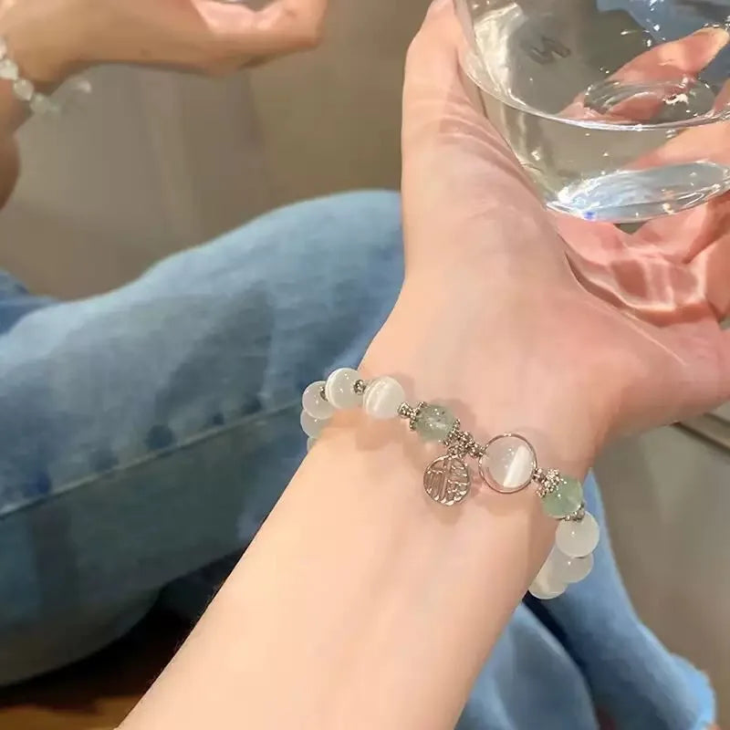 Blue Moonstone Cat Eye Crystal Bead Bracelet Set 3pcs Women Crystal Bead Bracelet Set Babs