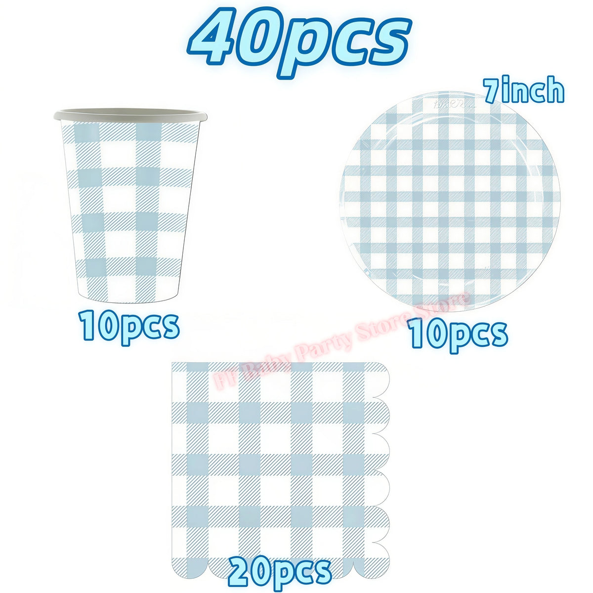 Blue Grid Birthday Party Supplies – Plates, Cups & Napkins Set Party Tableware Set Babs 40pcs others