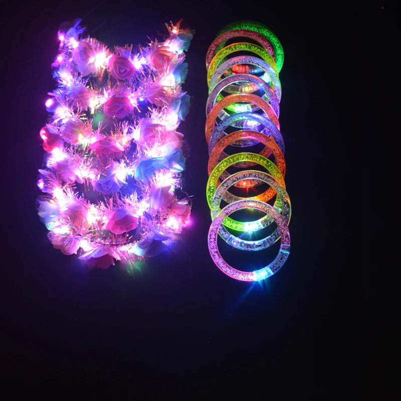 18pcs LED Flower Hair Wreath & Glow Bracelet Party Set LED Party Accessories Babs