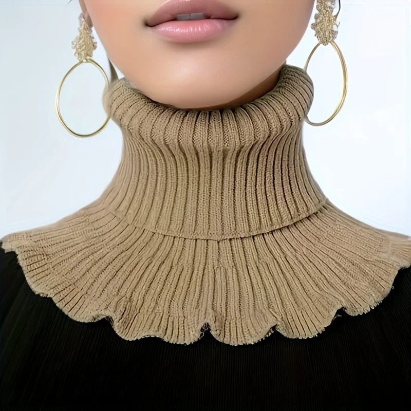 Black & White Knitted Faux Neck Scarf – Ruffle Edge Women Faux Neck Scarf Babs Khaki