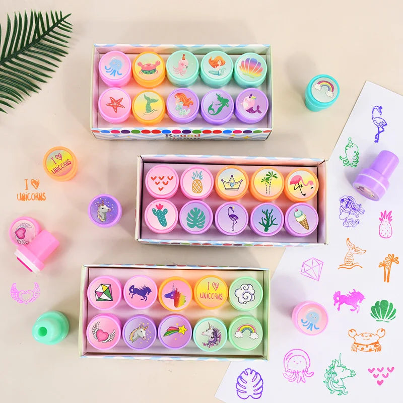 10-Piece Kids Self-Ink Stamps Unicorn Mermaid Party Favors Kids Party Stamps Babs