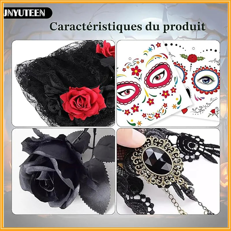 Gothic Dia de los Muertos Lace Rose Necklace & Bracelet Set Costume Jewelry Set Babs