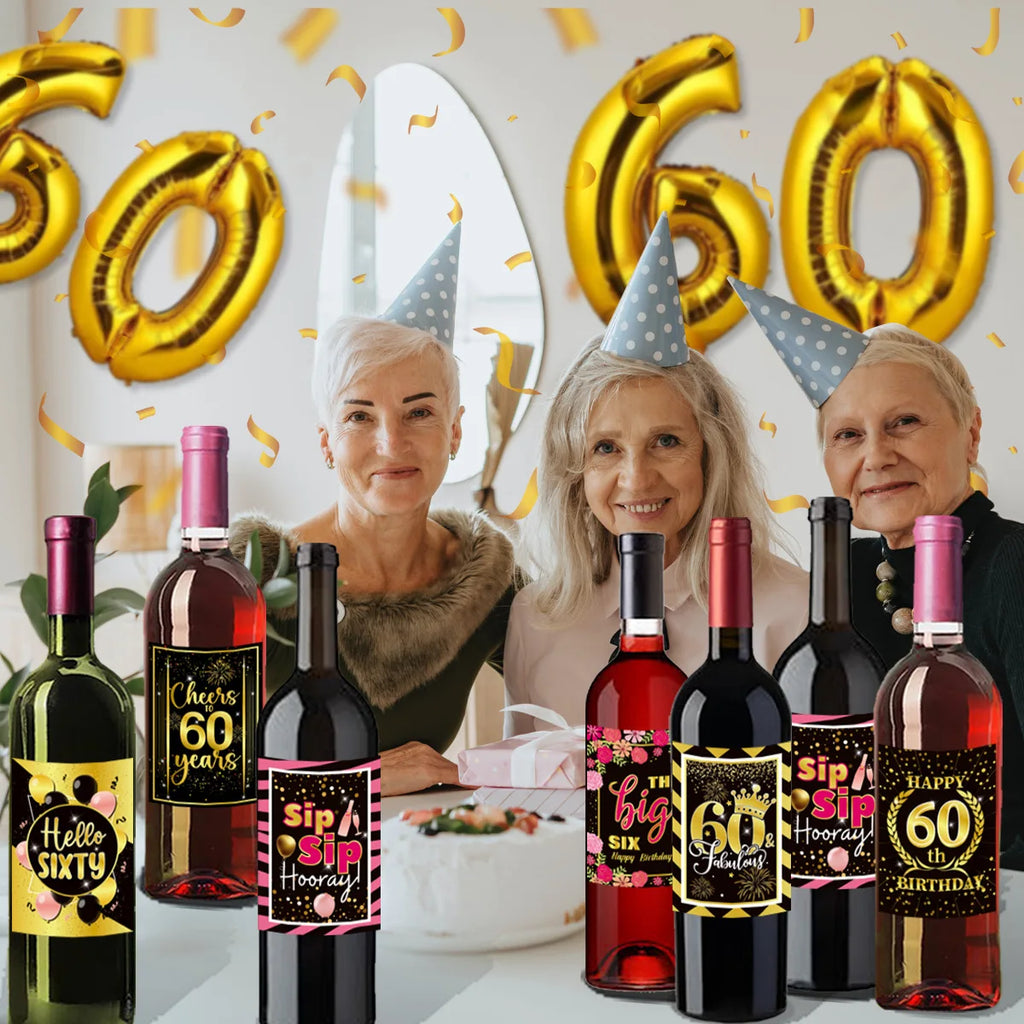 6pcs Black Gold 60th Birthday Water Bottle Labels & Stickers Birthday Party Stickers Babs