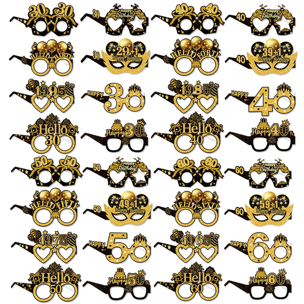 30th 40th 50th Birthday Paper Glasses Black Gold Party Props 8pc Party Photo Props Babs