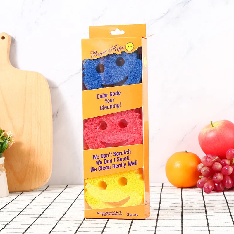 3-Piece Kitchen Magic Sponge Brush Set – Heavy-Duty Cleaner Kitchen Sponge Brush Babs Blue Yellow Pink3pcs
