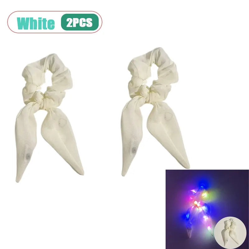 LED Light-Up Bow Scrunchie Glowing Hair Tie | Party Festival LED Hair Accessory Babs White-2pcs