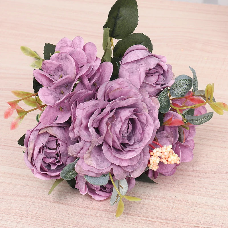Silk Rose Bridal Bouquet – Artificial Hydrangea & Peony Flowers Artificial Flower Bouquet Babs Purple 1PC