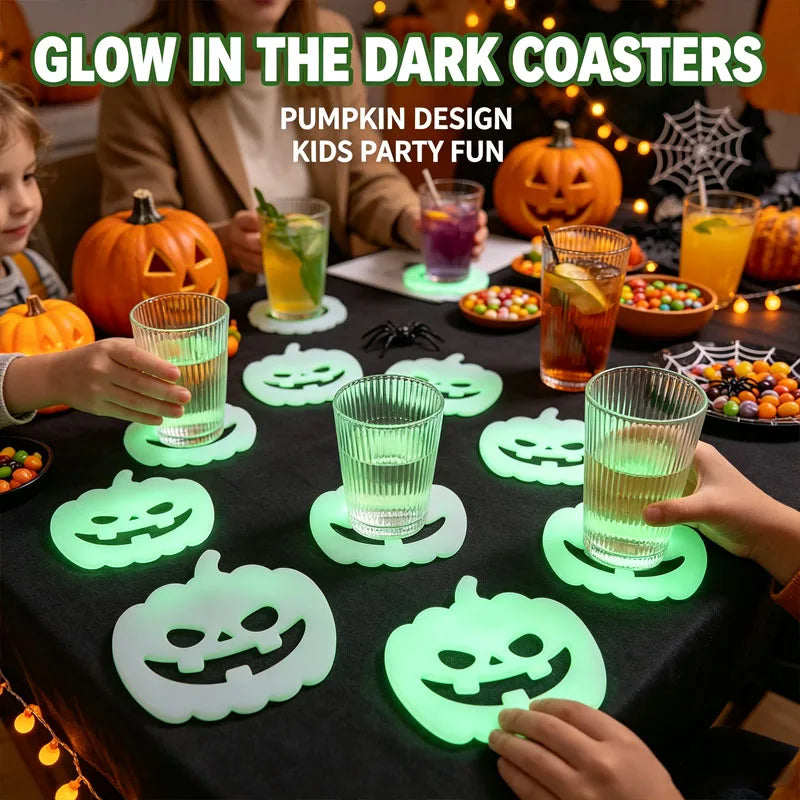 Glow-in-the-Dark Halloween Coasters – Pumpkin Spider Web Set Halloween Coaster Set Babs
