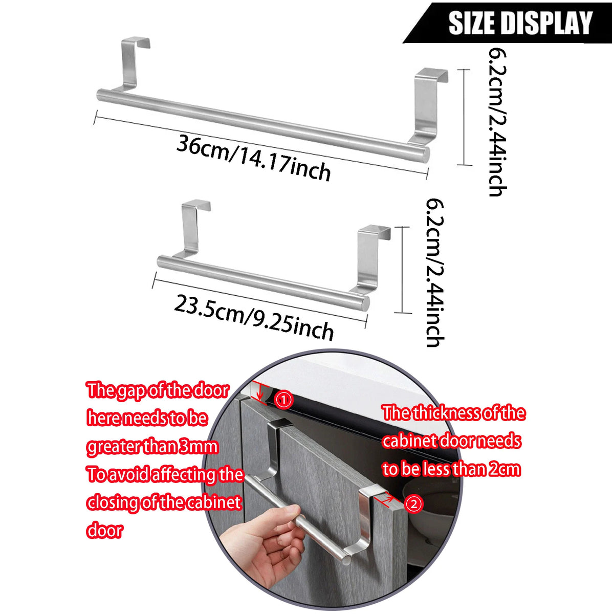 No-Drill Stainless Steel Towel Bar with Hook – 30cm Door Towel Bar Babs