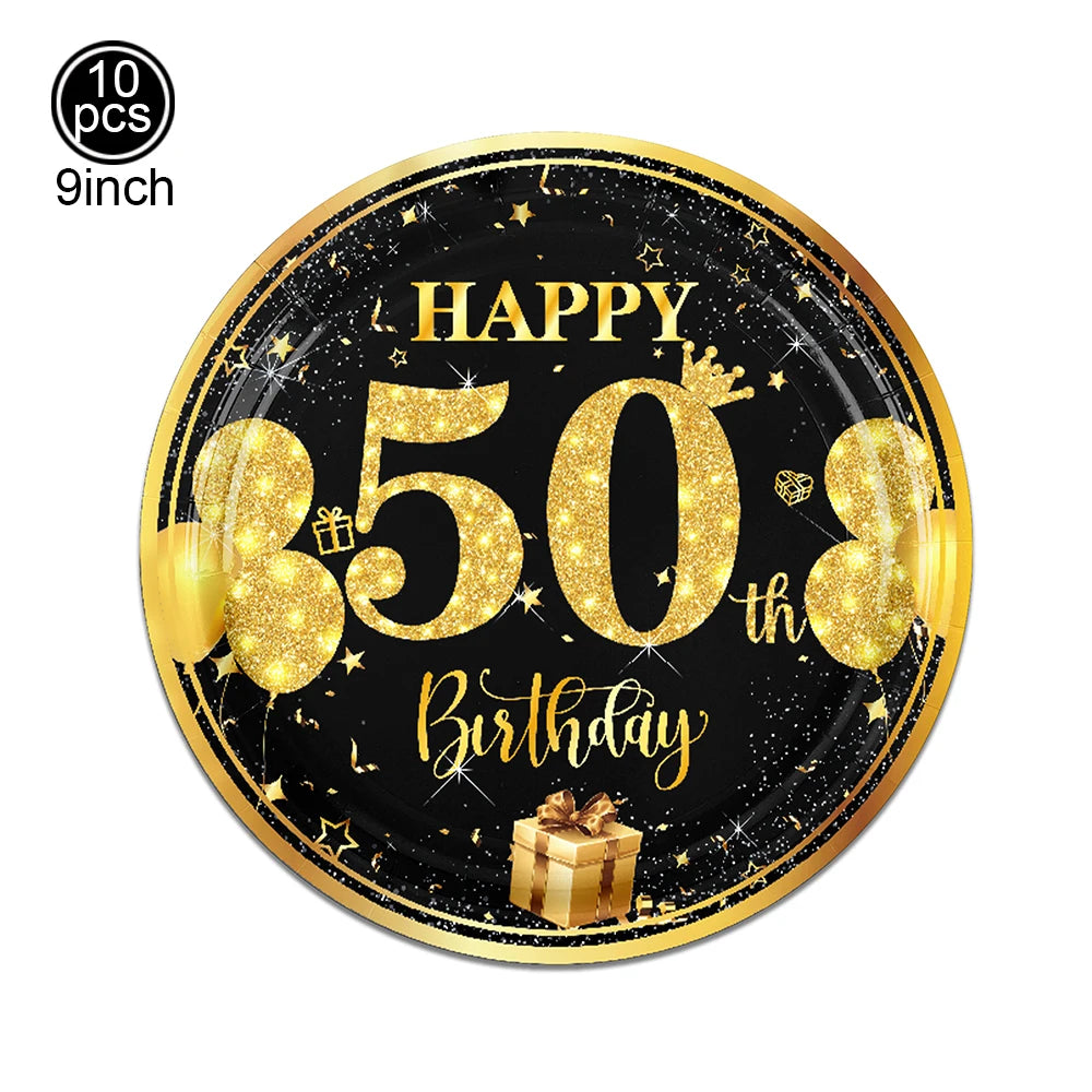 50th Birthday Party Decorations – Black & Gold Tableware Set