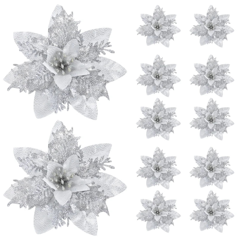 Glitter Pink Artificial Christmas Flower Ornaments 14cm 5/10 Pcs Christmas Ornaments Babs Silver 5Pcs