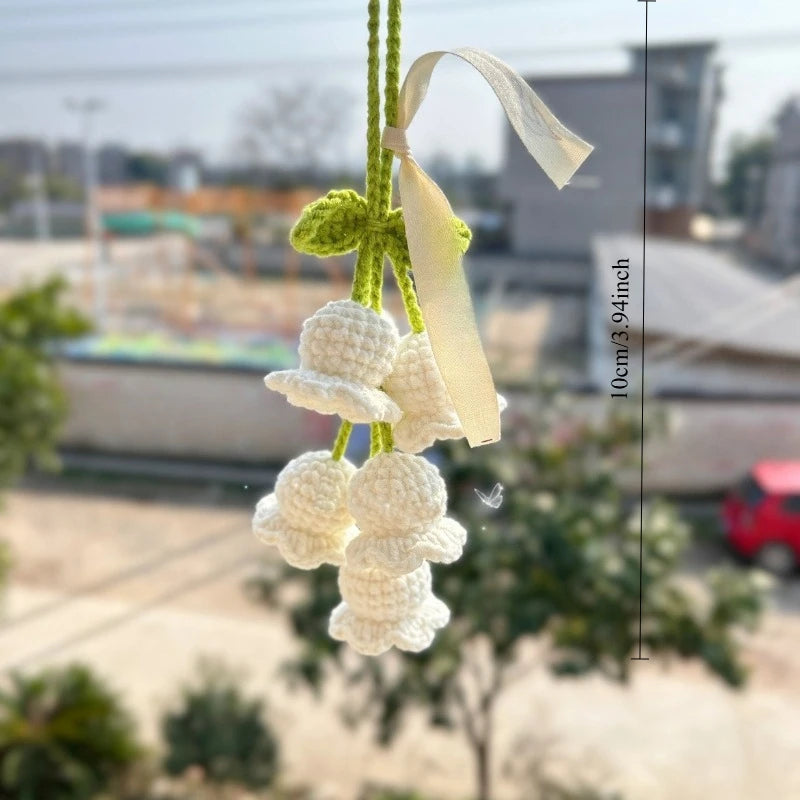 Handmade Knitted Lily of the Valley Flower Bag Pendant Knitted Bag Charm Babs white