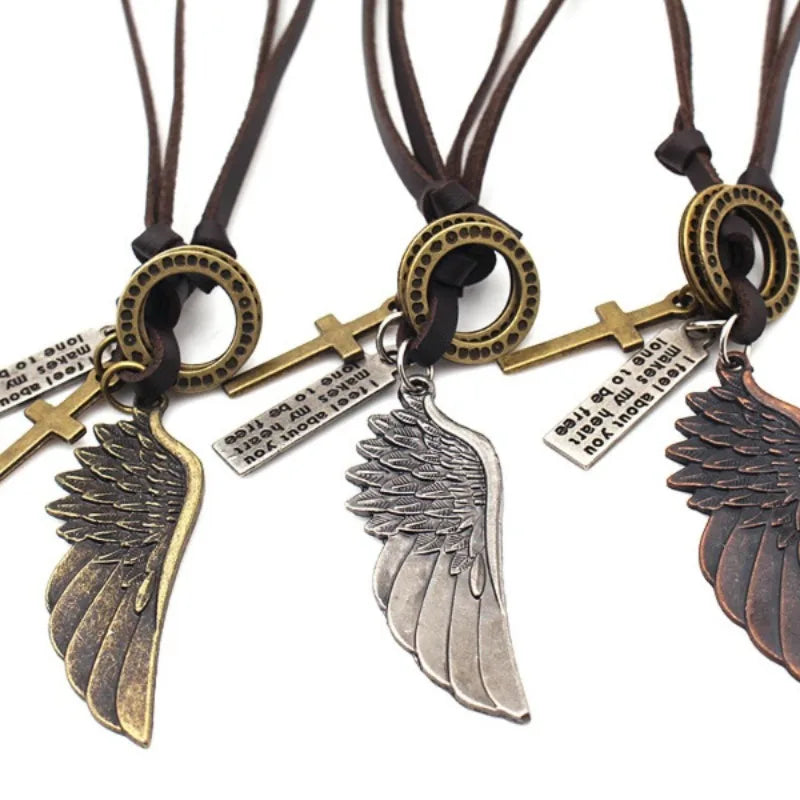 Vintage Leather Feather Pendant Necklace – Unisex Jewelry Pendant Necklace Babs