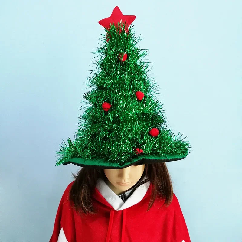 Christmas Tree Hat with LED Lights & Tinsel – Kids & Adults Christmas Costume Hat Babs green without lights